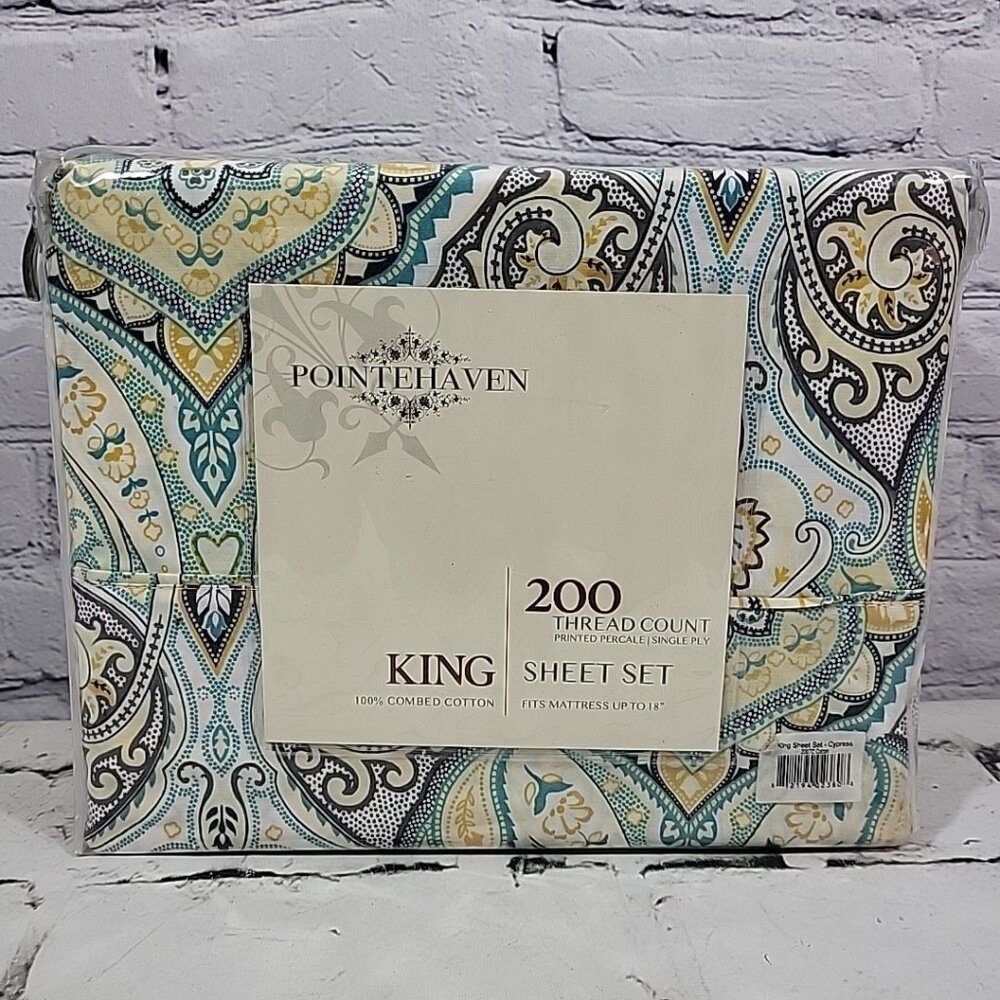 Pointehaven King Sheet Set 100% Combed Cotton 200 Thread Count Cypress NWT